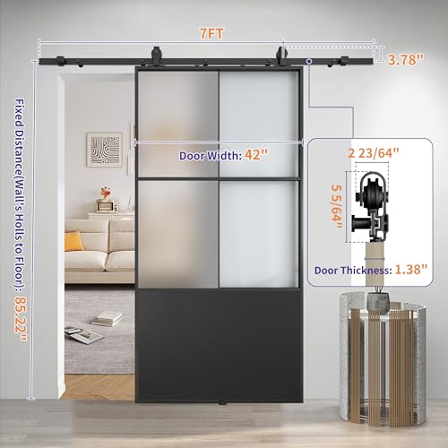 JUBEST 30" x 84" Glass Sliding Barn Door with Top Mounted Hardware Kit Included, 3-Panel Aluminum Frame and Frosted Tempered Glass French Door, Black Sliding Door, Easy to Install