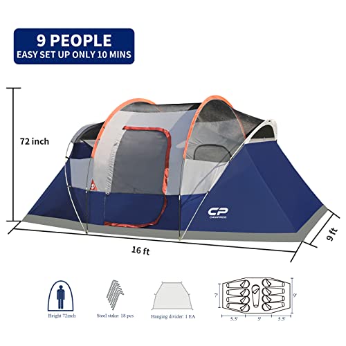 CAMPROS CP Tent 9 Person Camping Tents, 2 Room Water Resistant Family Tent with Top Rainfly, 4 Large Mesh Windows, Double Layer, Easy Set Up, Portable with Carry Bag