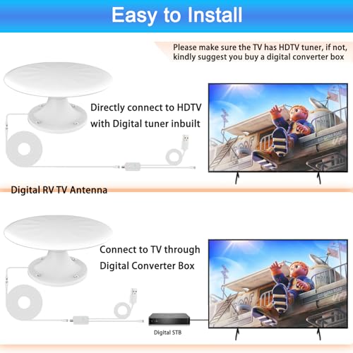 RV TV Antenna for Smart TV Outdoor, 720° Long Range Omni Directional Reception Digital HD Antenna Signal, with Super Signal Booster, 35ft HDTV Cable, for RV/Camping/Attic/Truck/Boat.