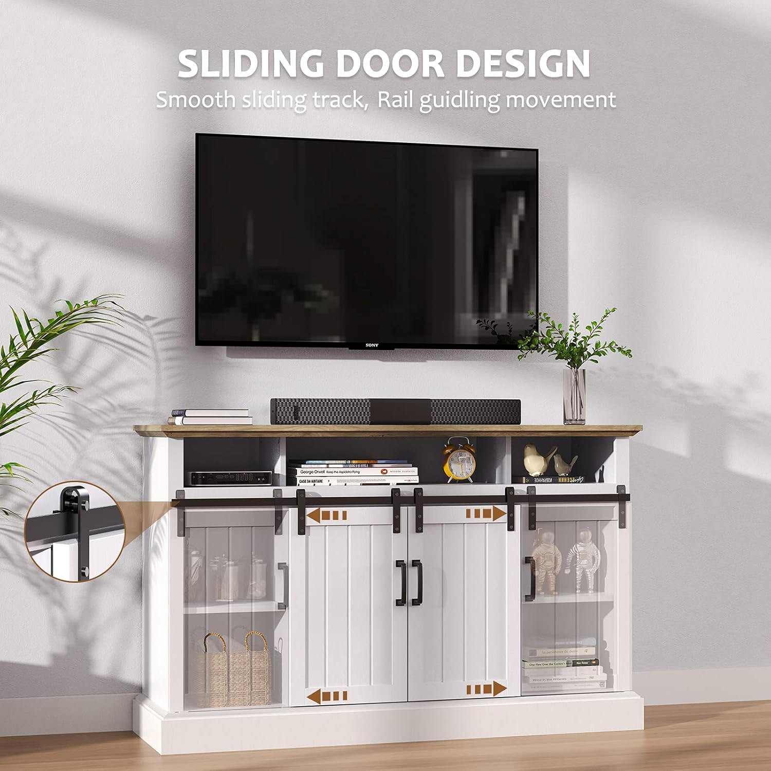 Furnimics Farmhouse TV Stand for TVs up to 65 Inch, Sliding Barn Door TV Stand for Living Room, Bedroom, White Entertainment Center TV Stand Cabinet with Adjustable Shelves&Cable Management, FMWTS01W