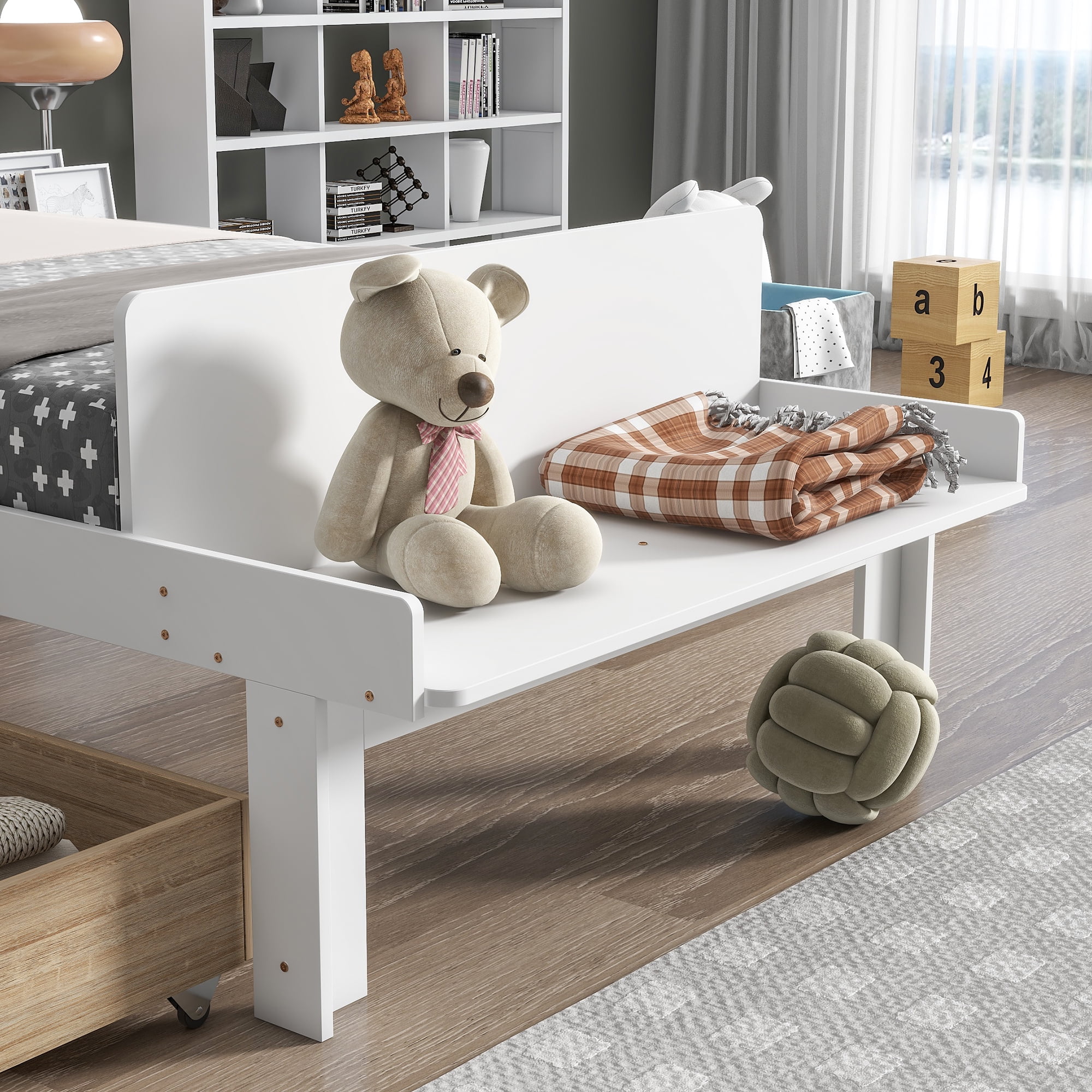 Royard Oaktree Twin Size Bed Wood Platform Bed Frame with Headboard and Footboard Bench Modern Bed Frame with 2 Storage Drawers, White