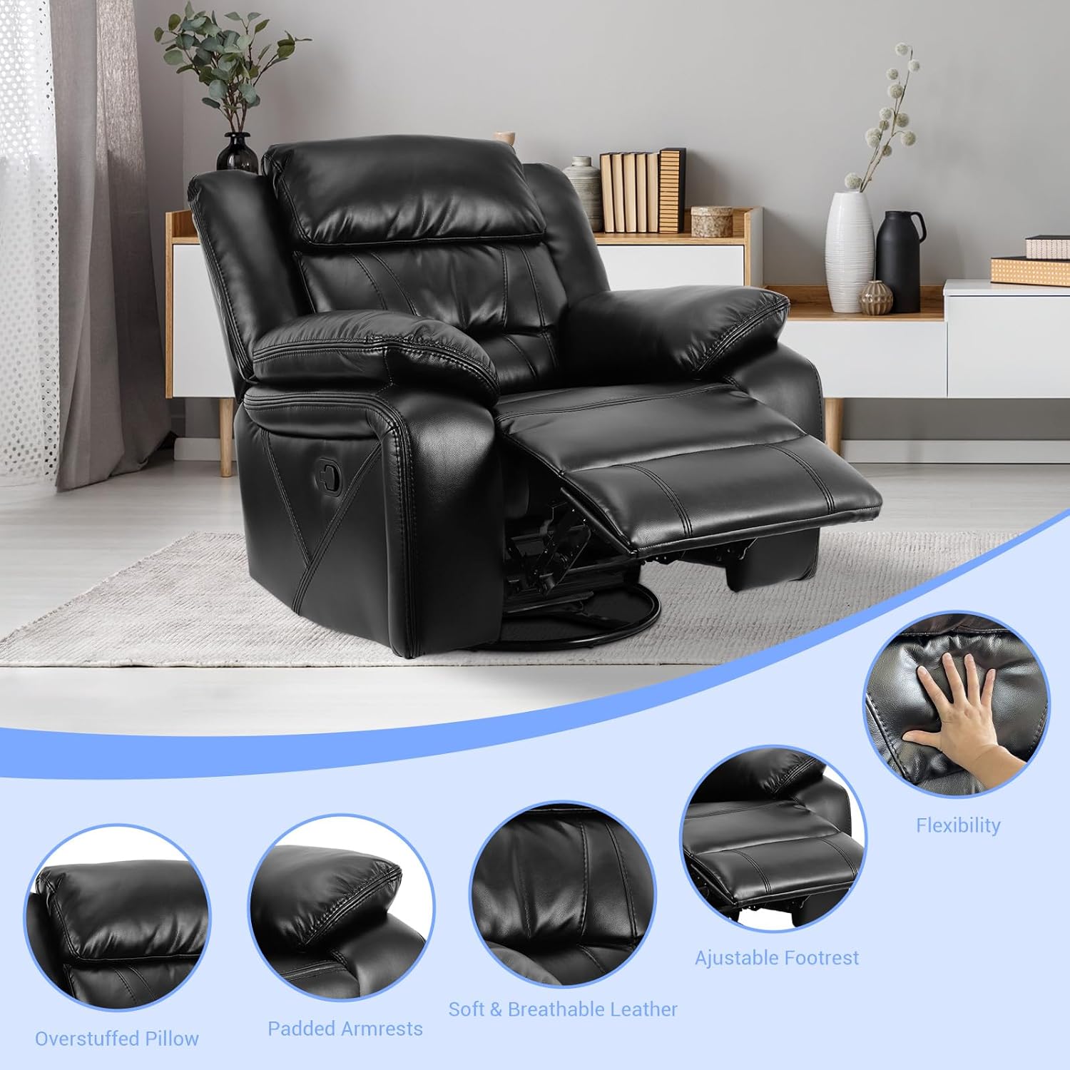 Swivel Rocker Recliner Chair, Glider Rocking Recliner Leather Lazy Boy Recliners Chair for Small Spaces, PU Faux Manual Reclining Chair for Living Room Bedroom RV Nursery Black