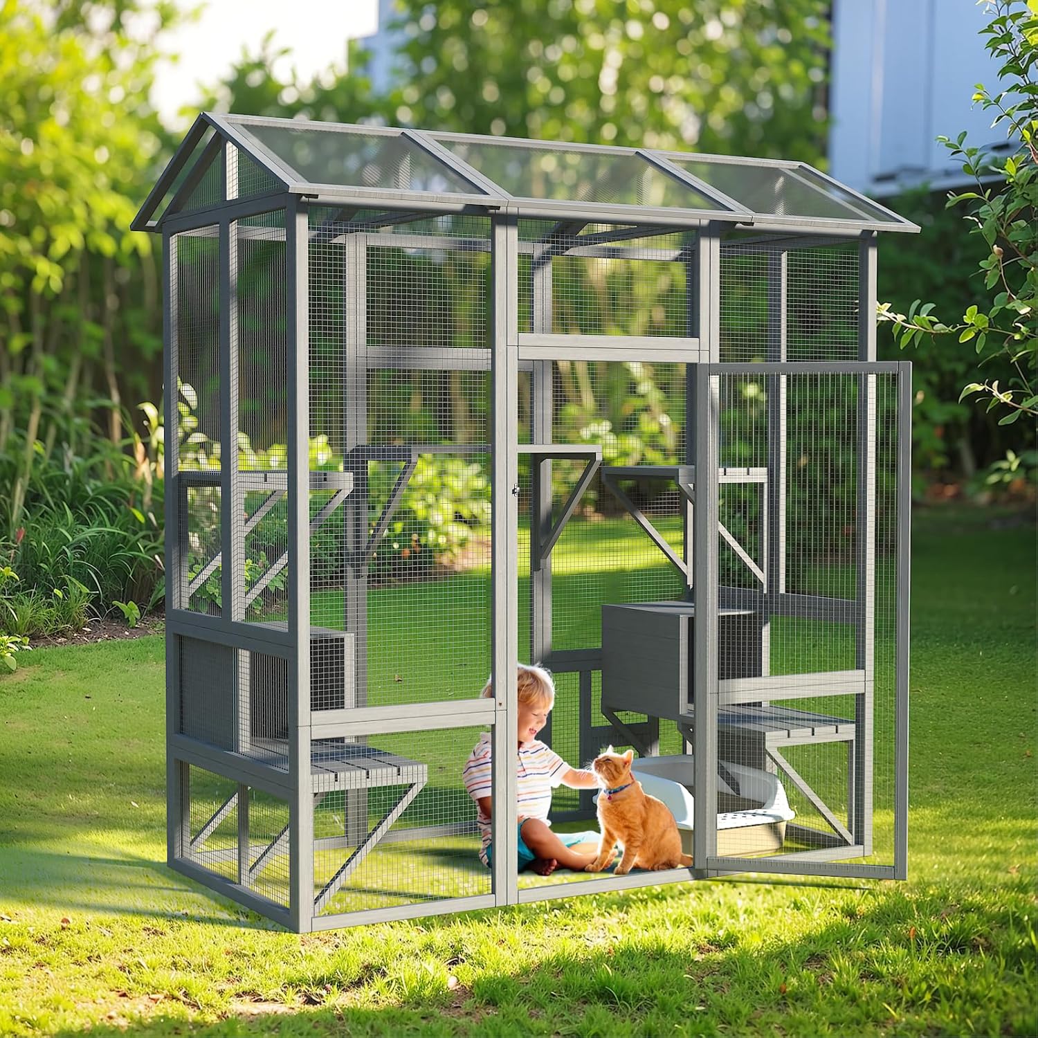 Cat Catio, Large Cat House Outdoor, Outside Cat Enclosure with Sunshine Panel Roof and Waterproof Cover, Wooden Cat Cage with 7 Platforms & 2 Resting Box, Walk in Feral Cat Shelter, 72 inch