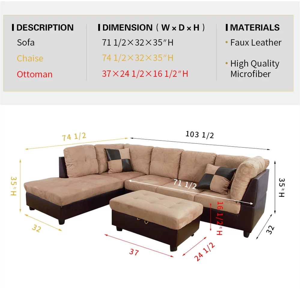 Ponliving Furniture Darkening 103.5'' Sectional Sofa with Storage Ottoman, Right Hand & Left Hand Facing Darkening 103.5'' Sectional Sofa with Storage Ottoman, Right Hand & Left Hand Facing