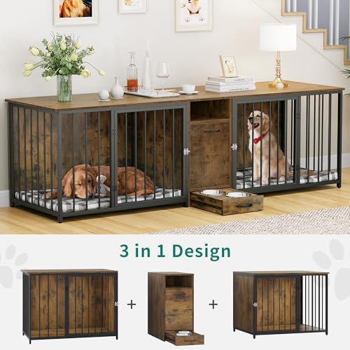 DWVO Double Dog Kennel Furniture, 80.2" Dog Cage Furniture with Divider, Double Dog Crate TV Stand for 2 Medium Dogs, Black