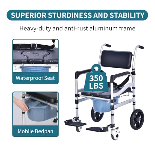 3IN1 Bathroom Wheelchairs, Bedside Commode Chair with Wheel + Raised Toilet Seat Raiser for Seniors+ Bath Shower Chair with Handles, Portable Folding Toilet Lift Bar for Elderly