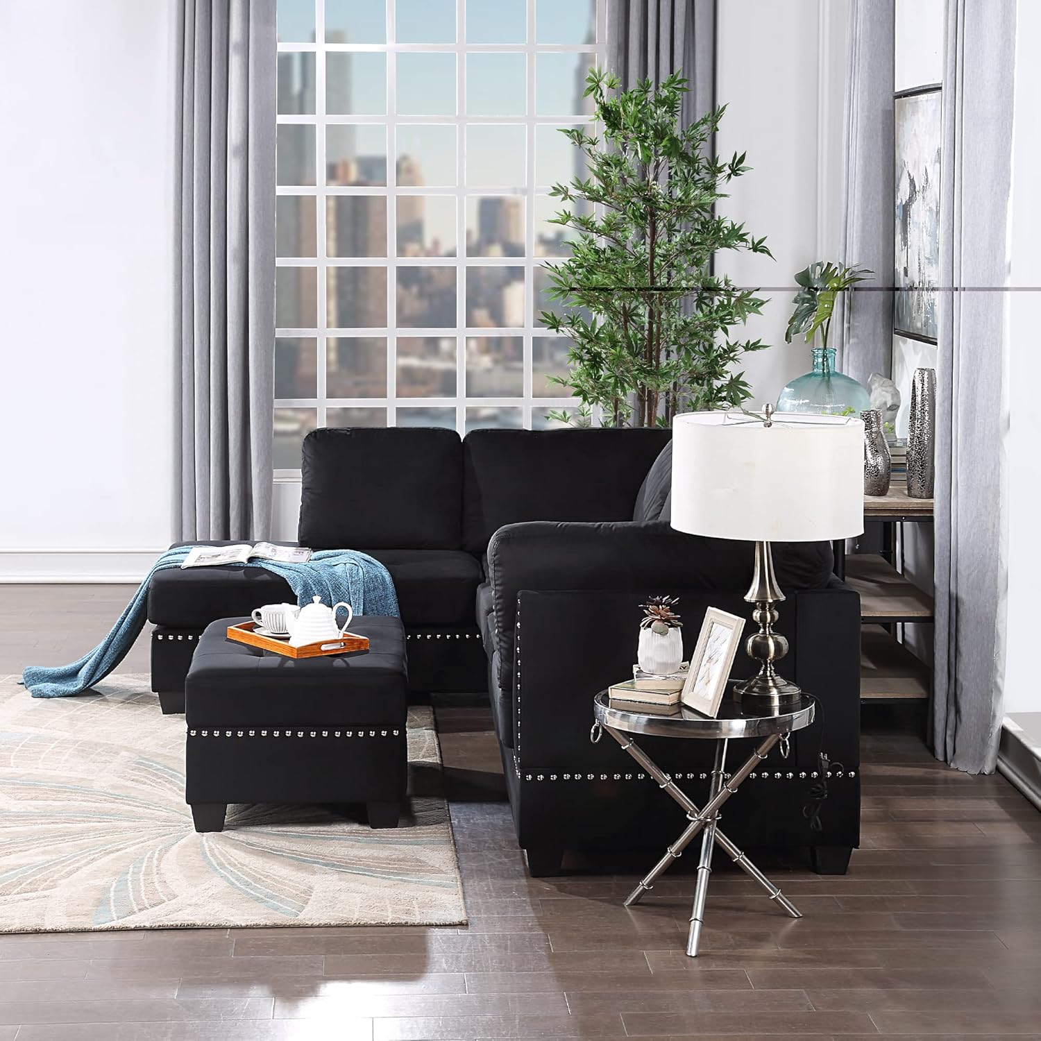 Yoglad Reversible Sectional Sofa with Storage and Chaise Lounge Couch, Wooden Frame L-Shaped Corner Sofa Set with Ottoman, Furniture Set for Living Room (Black)
