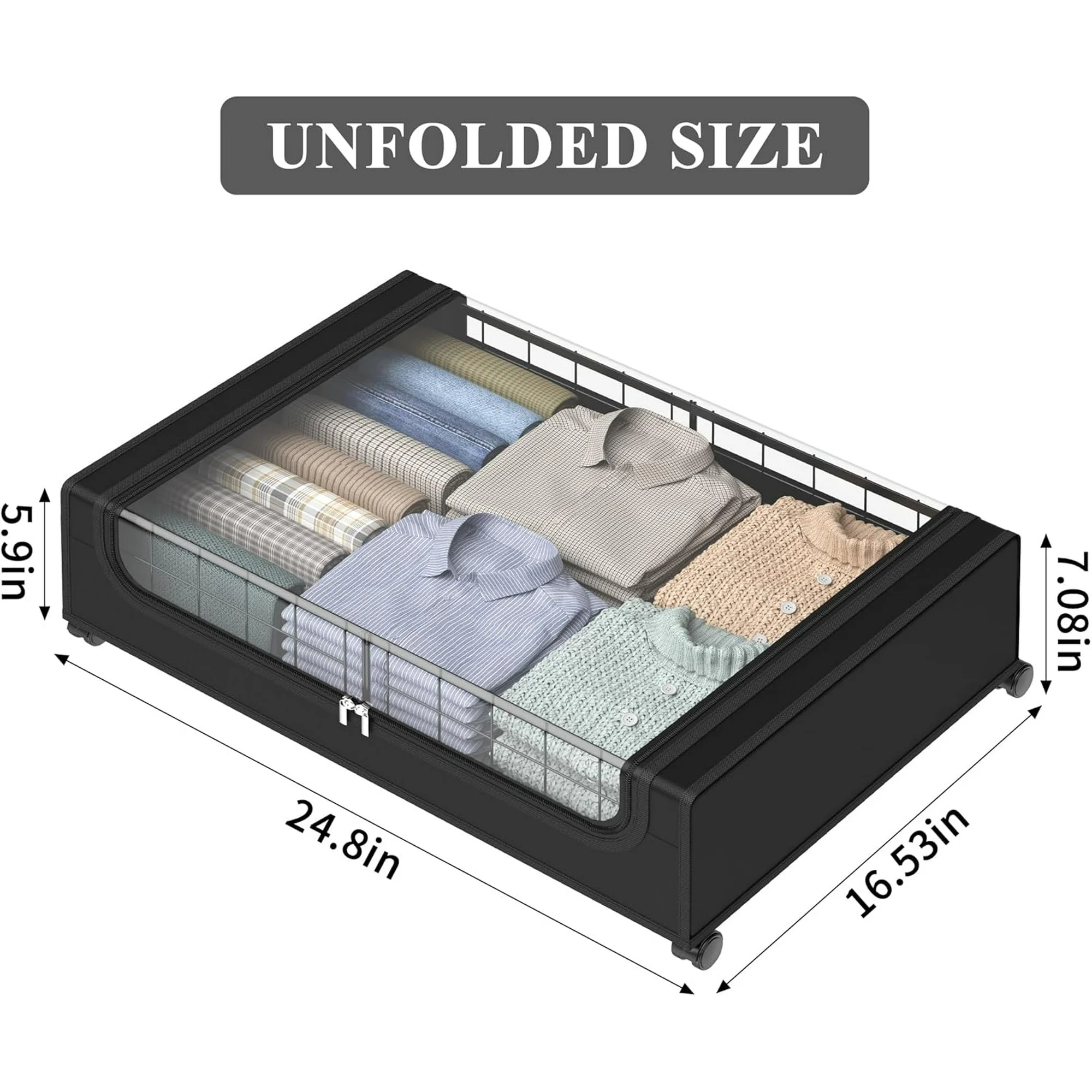 Under Bed Storage with Wheels and Cover, 360? Rolling Under Bed Metal Drawers for Clothes, Blankets, Books and Shoes,Black