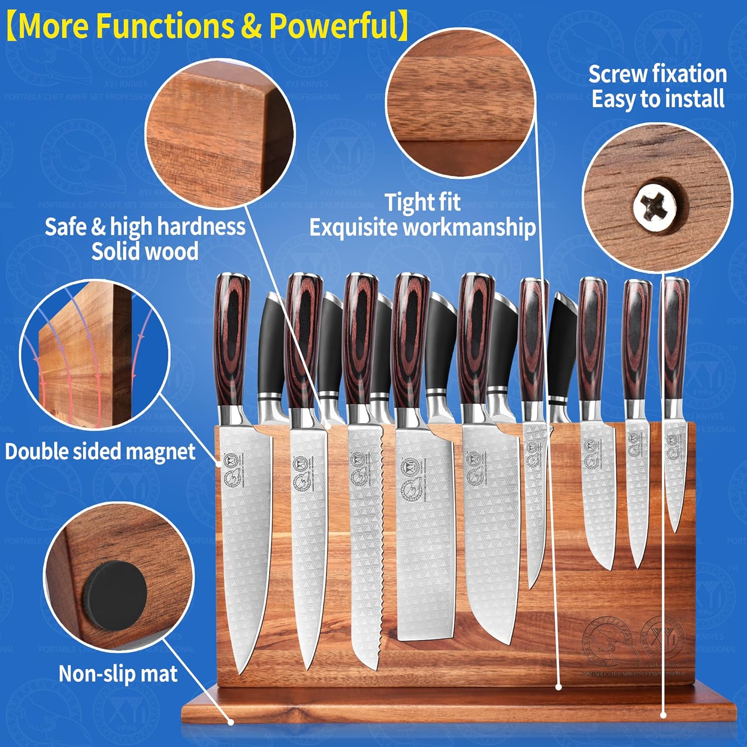 XYJ 10 Pieces Knives Set With Magnetic Knife Block, Bag, Kitchen Knife Set, High Carbon Steel, Full Tang, Black