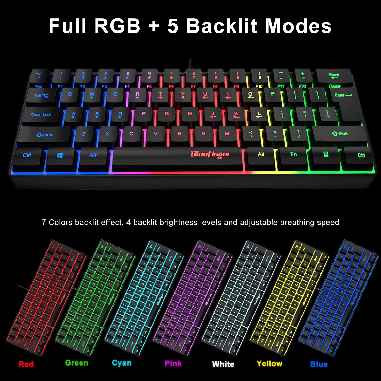Bluefinger 60% Gaming Keyboard and Mouse Combo, Compact 61 Keys RGB Rainbow Backlit USB Wired Gaming Keyboard with Illuminated Gaming Mouse for PC Laptop Computer Gamer Office Work