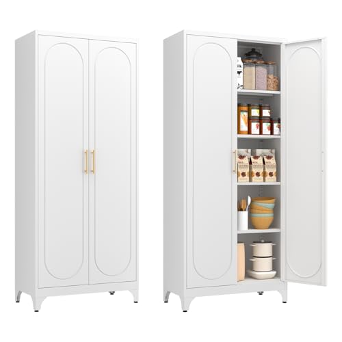 Metal Storage Cabinet with Doors and Shelves, 71 Inch Tall Kitchen Pantry Cabinet, Pantry Cabinets for Kitchen Storage, Freestanding Cupboard for Living, Dining Room, White, Assembly Required