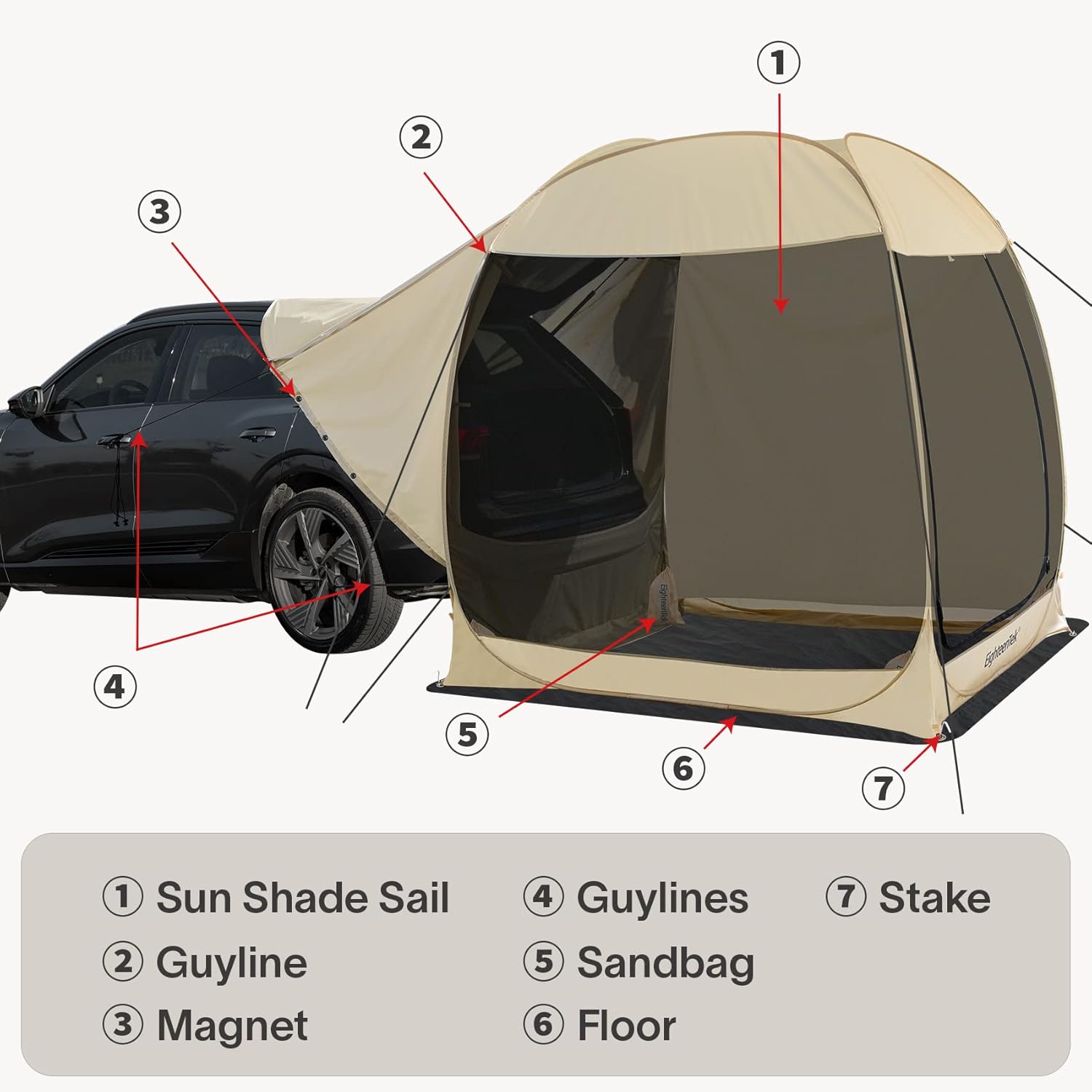 EighteenTek Truck Tent SUV Car Tent Pop Up Camping Outdoor Travel Screen House Room Shelter Mesh Walls Attachment for 4-6 Person 7’x7’x7.2’H