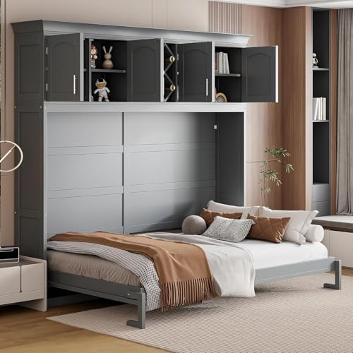 MERITLINE Queen Horizontal Murphy Bed Cabinet with Storage Bookcase Shelves and Charging Station,Wood Folding Grey Murphy Wall Bed for Adult