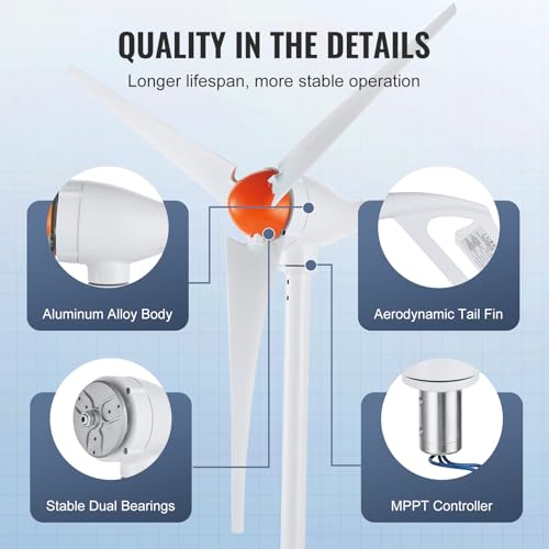 VEVOR 500W Wind Turbine Generator, 12V Wind Turbine Kit with MPPT Controller, 3-Blade Wind Power Generator with Adjustable Windward Direction, 2.5m/s Start Wind Speed for RVs, Boats, Home, Farm