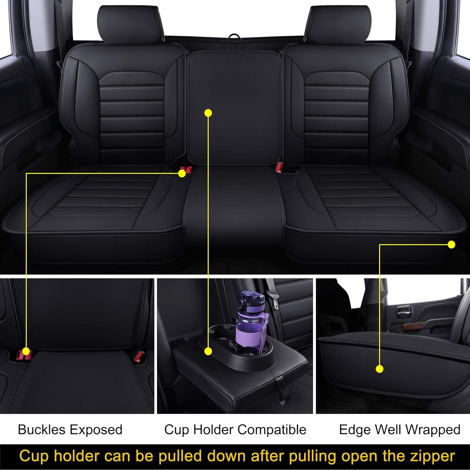 LUCKYMAN CLUB 56-SLD Seat Covers Fit for 2007-2020 Chevy Silverado Sierra 1500 / 2500 HD / 3500 HD Crew,Double,Extended Cab with Water Proof Faux Leather (Black Full Set)