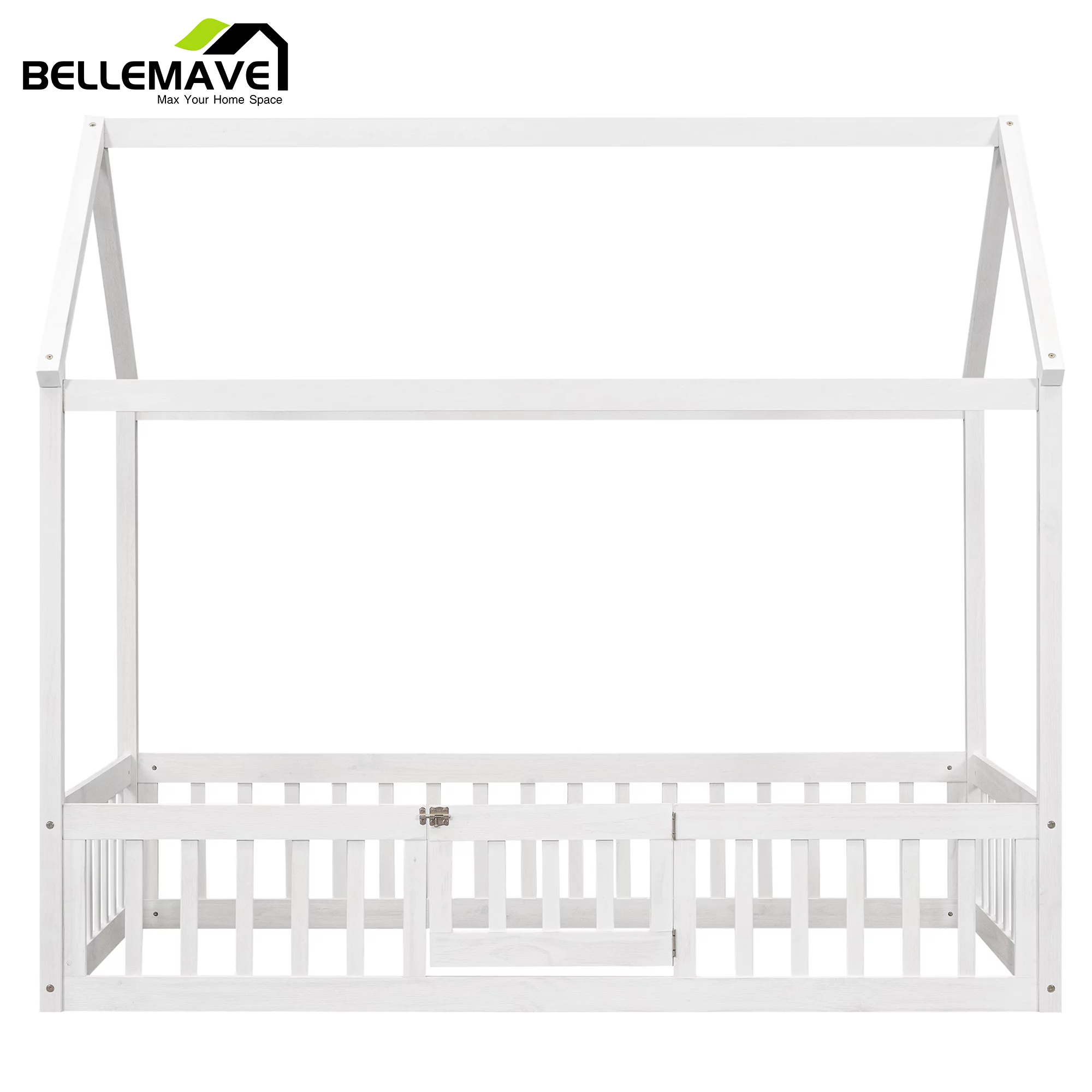 Montessori Bed/Twin House Floor Bed for Toddlers, Kids Girls, Boys,Montessori Floor Bed with Rails and Door,Toddler House Bed(White)