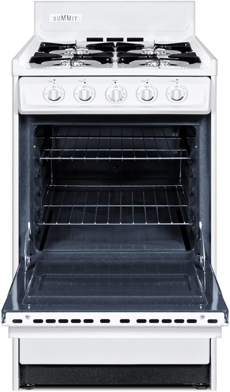 Summit Appliance WLM110P 20" Wide Propane Gas Range, White; Battery Start Ignition; 4 Open Burners; Broiler Compartment; Adjustable Oven Racks; Anti-Tip Bracket; Removable Oven Door And Range Top
