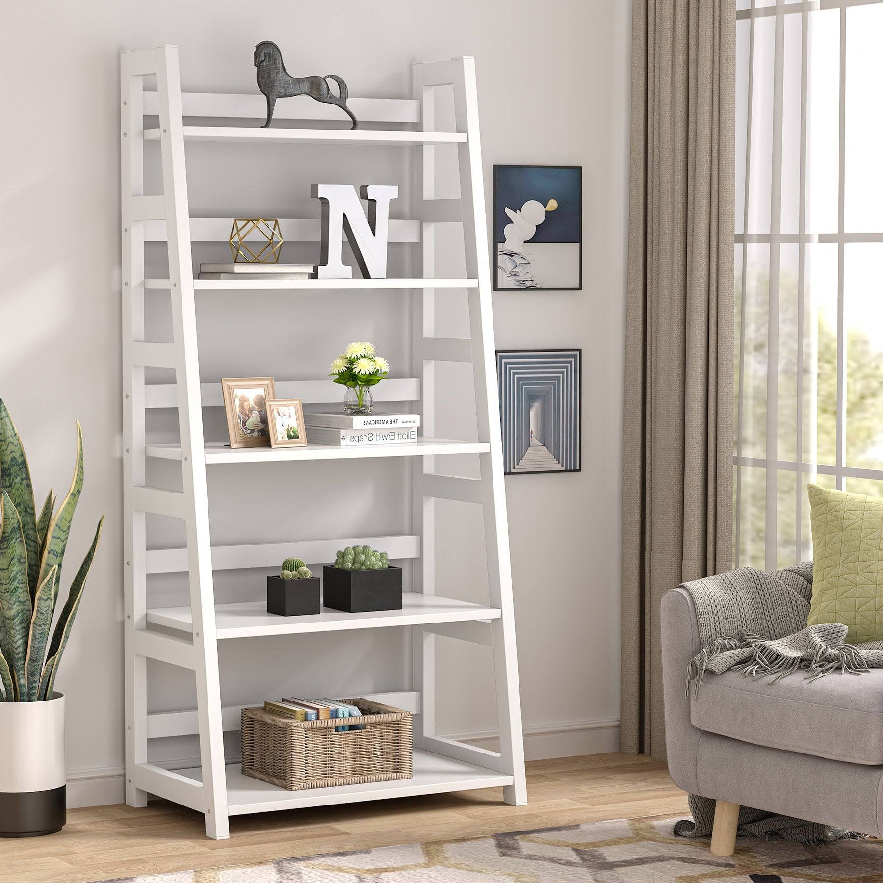 5-Tier Ladder Bookshelf Bookcase, 5 Shelf Ladder Shelves for Living Room - Brown