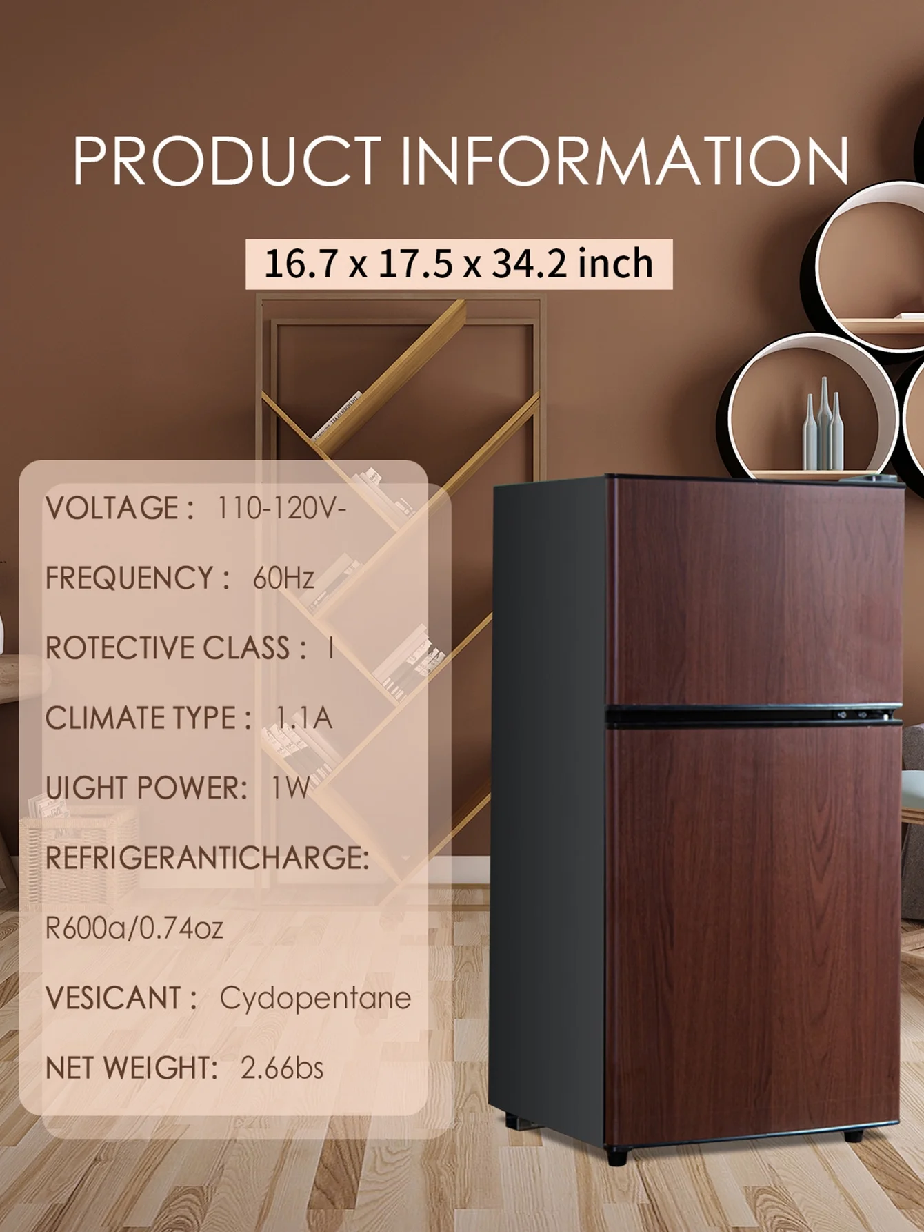 KRIB BLING 3.5 Cu.ft Mini Fridge with 7 Level Thermostat, Compact Refrigerator with Freezer on Top, Ideal for Dorm, Office, Brownwood