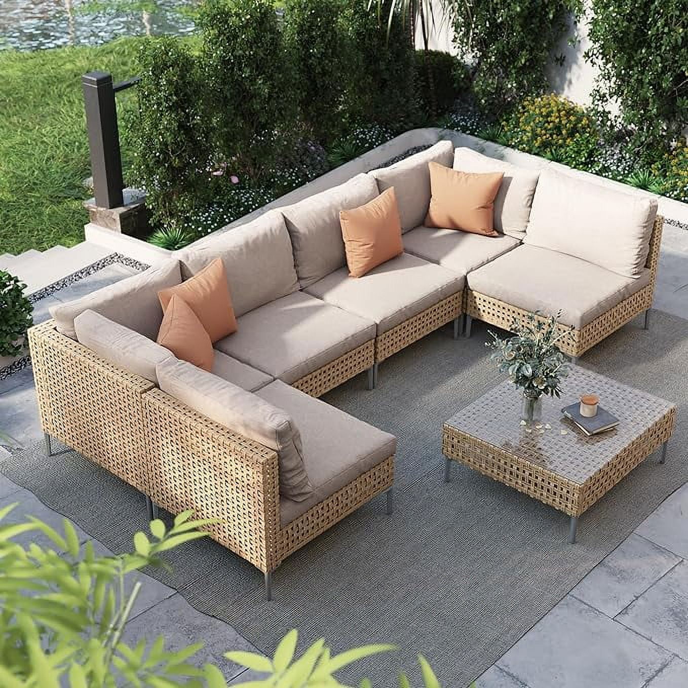 Grand Patio 7-Piece Wicker Patio Furniture Set, All-Weather Outdoor Conversation Set Sectional Sofa with Water Resistant Beige Thick Cushions and Coffee Table