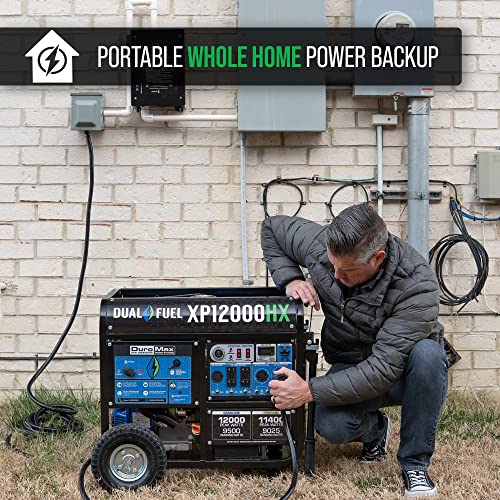 DuroMax XP13000HXT 13,000-Watt 500cc Tri Fuel Gas Propane Natural Gas Portable Generator with CO Alert, Black/Blue