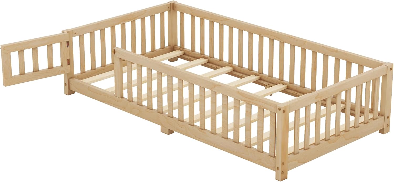 VOXIV Twin Size Montessori Floor Bed,Twin Size Floor Bed with Door and Fence, Floor-Bed-Frame for Children Bedroom,Toddlers, Boys Girls,Easy Assembly,Natural