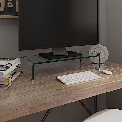 TV Stand/Monitor Riser Glass Clear 23.6"x9.8"x4.3",Glass TV Stand for Monitors and TVs Clear Tempered Glass Shelf for Desktops, Laptops, and Gaming Consoles Modern TV Unit with Riser for Improved View