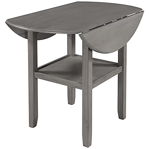 Farmhouse 3 Piece Dining Table and Chairs Set Round Drop Leaf Counter Height Small Space Bistro Bar Kitchen Dining Room Table Set with Storage Shelf 2 Badded backrest Chairs Furniture Set