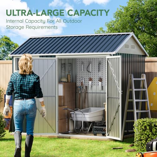 10X12X7.5 FT Outdoor Steel Storage Shed with Lockable Doors, 2 Windows, Transparent Roof Panels (Wood Panels & Frame Floor Not Included), Ideal for Patio Storage,Garbage Can, Chicken Coop，Brown