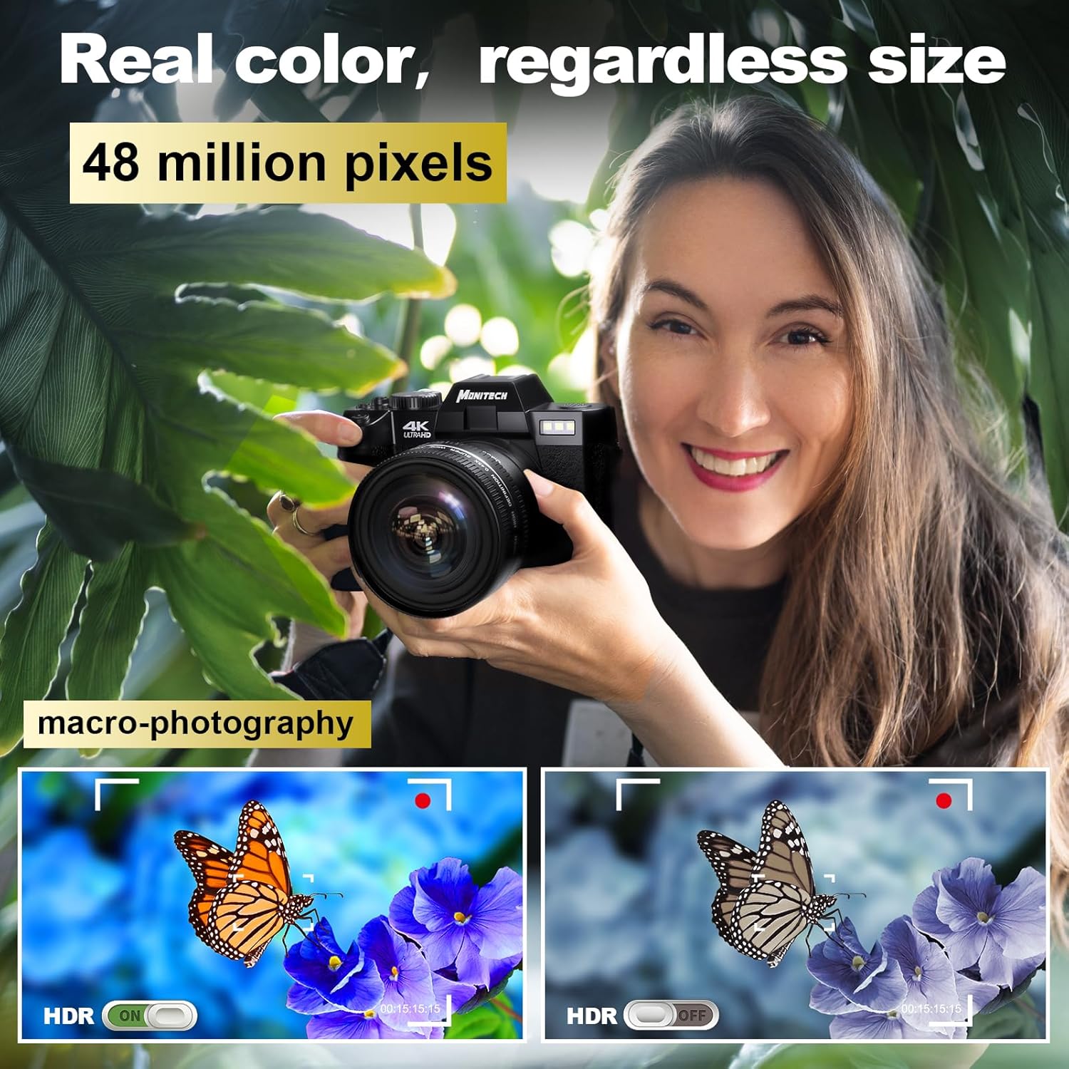 Mo 4K Digital Cameras for Photography, 48 MP Vlogging Camera for YouTube with 180° Flip Screen,16X Digital Zoom,Flash & Autofocus,52mm Wide Angle & Macro Lens,2 Batteries,32GB SD Card(S100 Black)