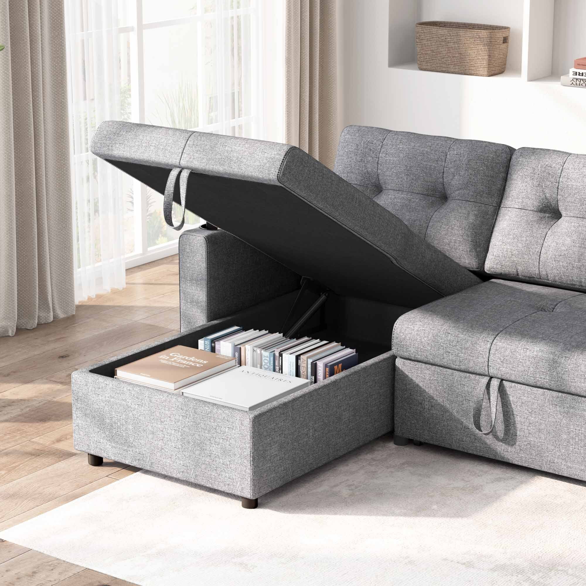 Soges Pull Out Sofa Bed L Shape Sofa with Storage Chaise, 3 Seater Sofa Bed with Cup Holders, Linen Fabric Couch for Living Room, 2 Pillows, Gray