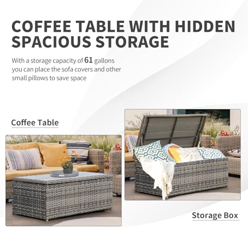 14 Pieces Large Patio Furniture Set, Modular Large Outdoor Sectional, Wicker Patio Sectional Sofa, Brown Rattan Conversation Set with Coffee Table & Adjustable Corner Sofa for Balcony