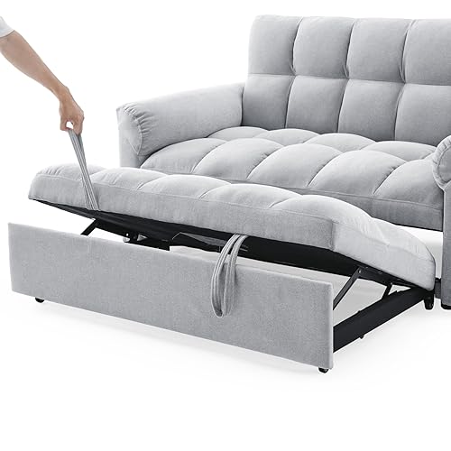 62 Inch Linen Futon Sofa Bed with Pull-out Bed, 3-in-1 Loveseat Sofa Couch with Adjustable Backrest and Lumbar Pillows, Convertible Sleeper Sofa Couch for Small Space Apartment Living Room, Grey