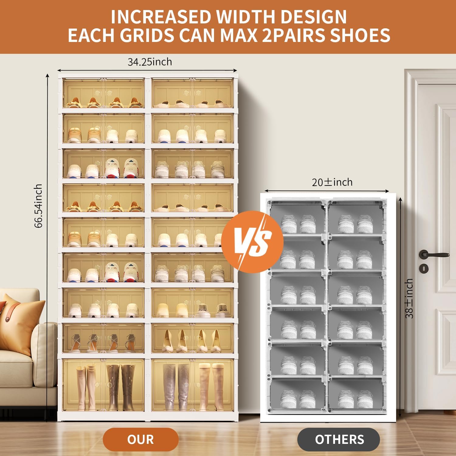 9 Tier Foldable Shoe Rack Organizer for Closet 18-36Pairs Plastic Collapsible Shoe Shelf for front door entrance Stackable Clear Folding Shoes Storage Boxes Tall Shoe Cabinet