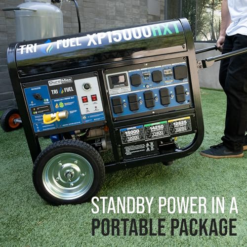 DuroMax XP13000HXT 13,000-Watt 500cc Tri Fuel Gas Propane Natural Gas Portable Generator with CO Alert, Black/Blue