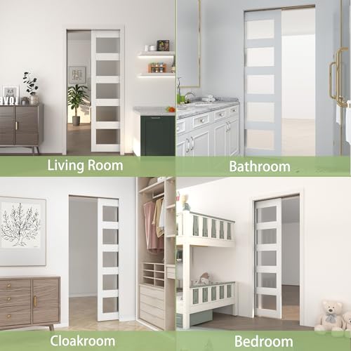 JUBEST Pocket Door 36"x80", 5-Panel Tempered Frosted Glass Sliding Pocket Door with Soft Close Pocket Door Frame Kit, Water-Proof PVC Surface, Assembly Needed, White