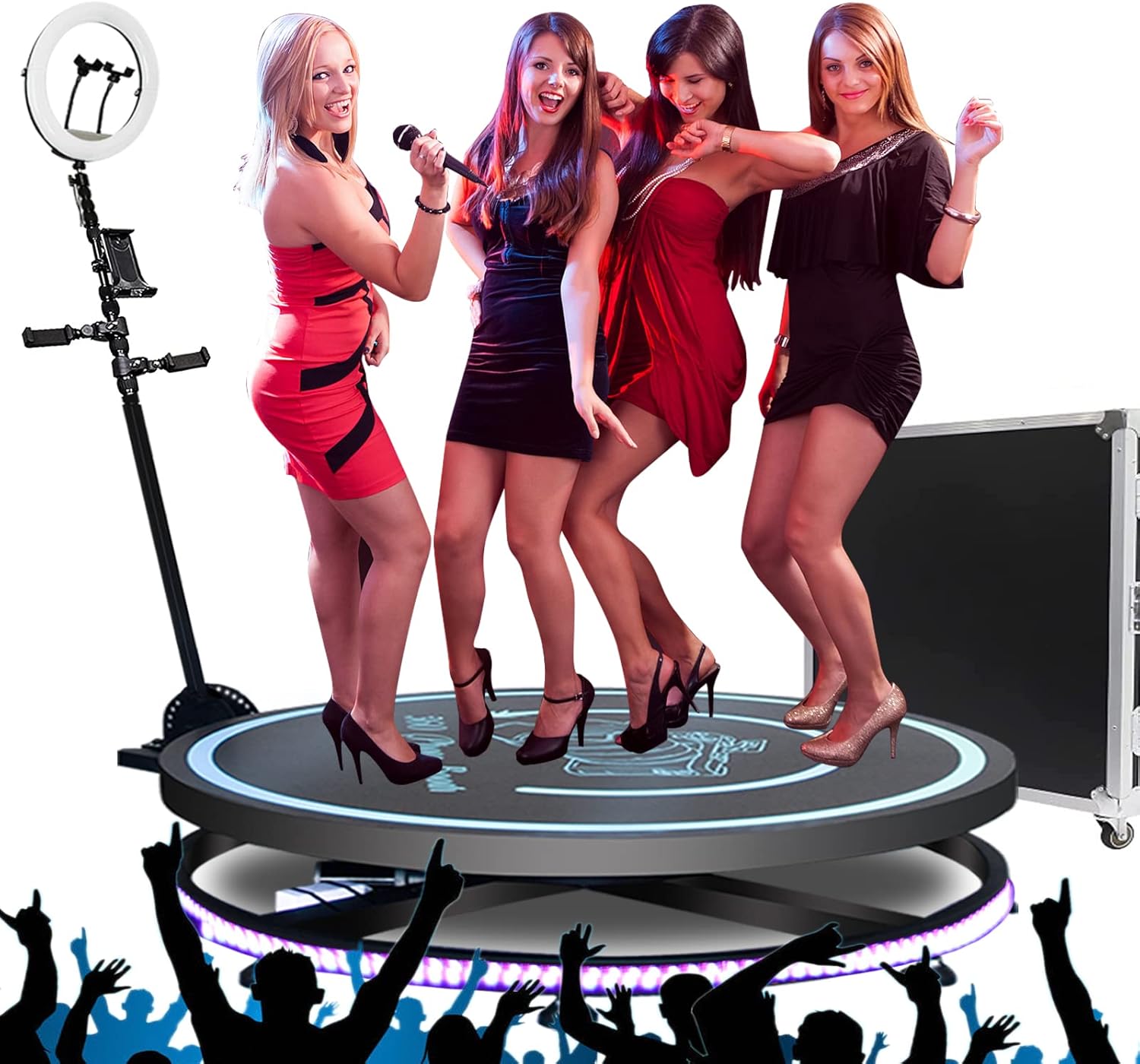 360 Photo Booth Machine for Parties with Free Logo Ring Light Selfie Holder Accessories,2 People Stand on Remote Control Automatic Spin 360 Video Camera Booth Platform Spinner 26.8” with Trolly