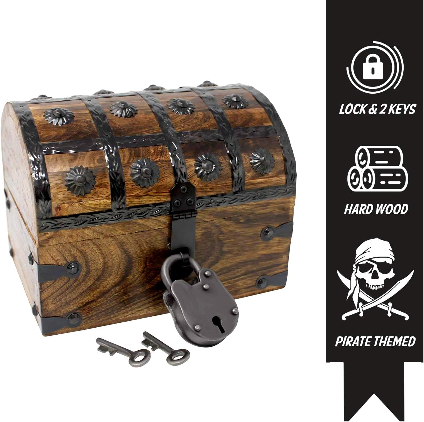 Nautical Cove Pirate Treasure Chest with Iron Lock and Skeleton Key - Storage and Decorative Box (X-Large 16 x 11 x 10.5)