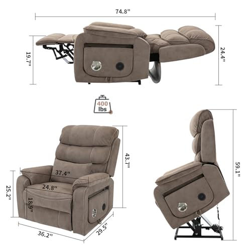 Light Grey Recliner Chair for Elderly | Tall and Big Man 400lbs | Chenille | Power Lift, Lay Flat, Stand Up, Wireless Charging Device, Extended Footrest, Massage Heat, Cup Holder, Lumbar Pillow