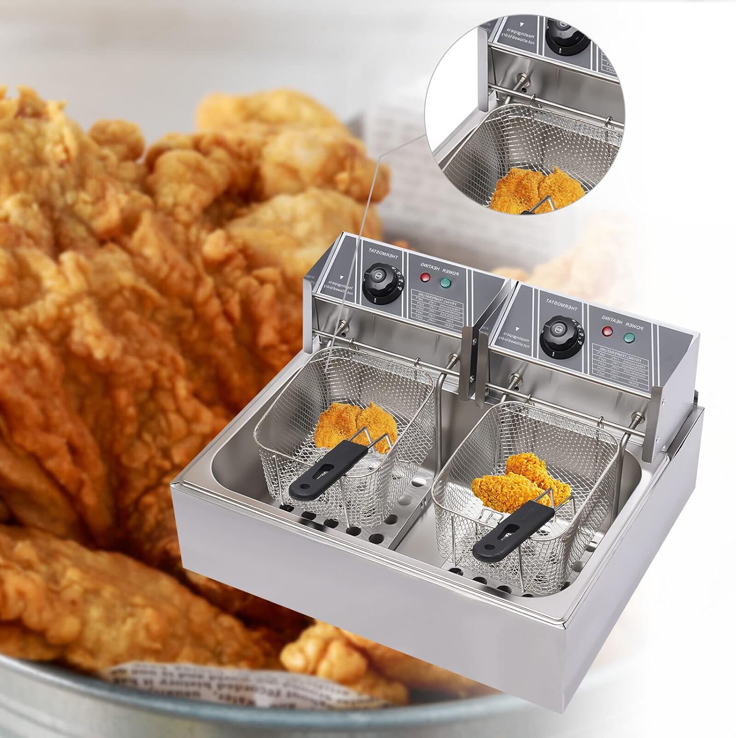 Professional Electric Deep Fryer with 2 Baskets, 5000W Countertop Kitchen Frying Machine, 12L Electric Dual Tank Deep Fryer with Lid, Oil Splash Prevention, for Commercial, Kitchen