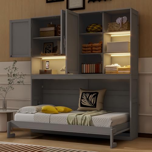 SOFTSEA Twin Murphy Bed with Storage Bookcase and Shelves, Horizontal Wall Bed with LED Light & Charging Stations, Space-Saving for Living Room, Guest Room, Bedroom, Office, Grey