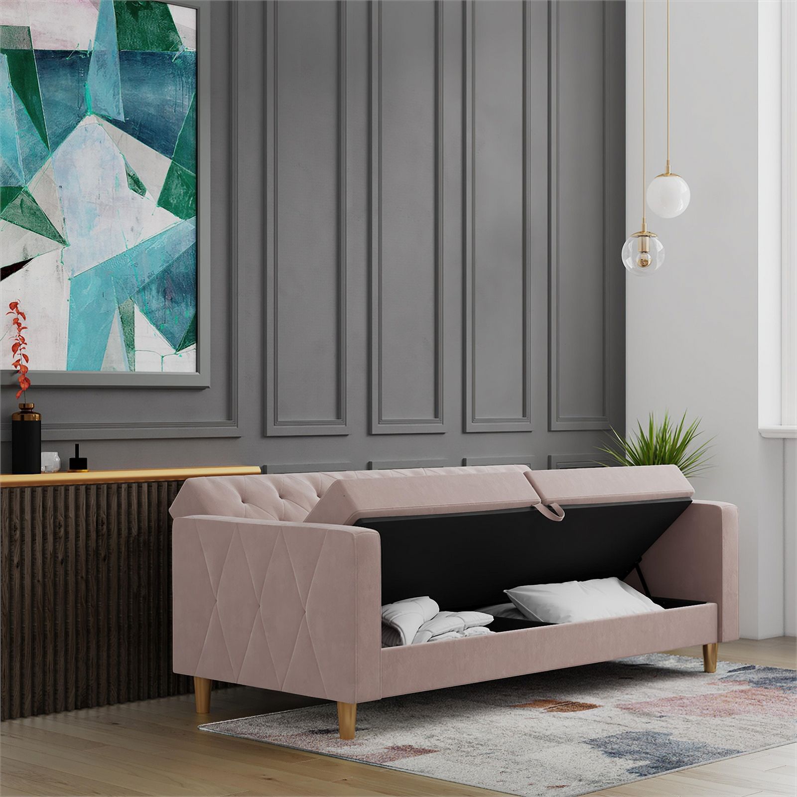Pemberly Row Contemporary Futon with Storage in Blush Velvet
