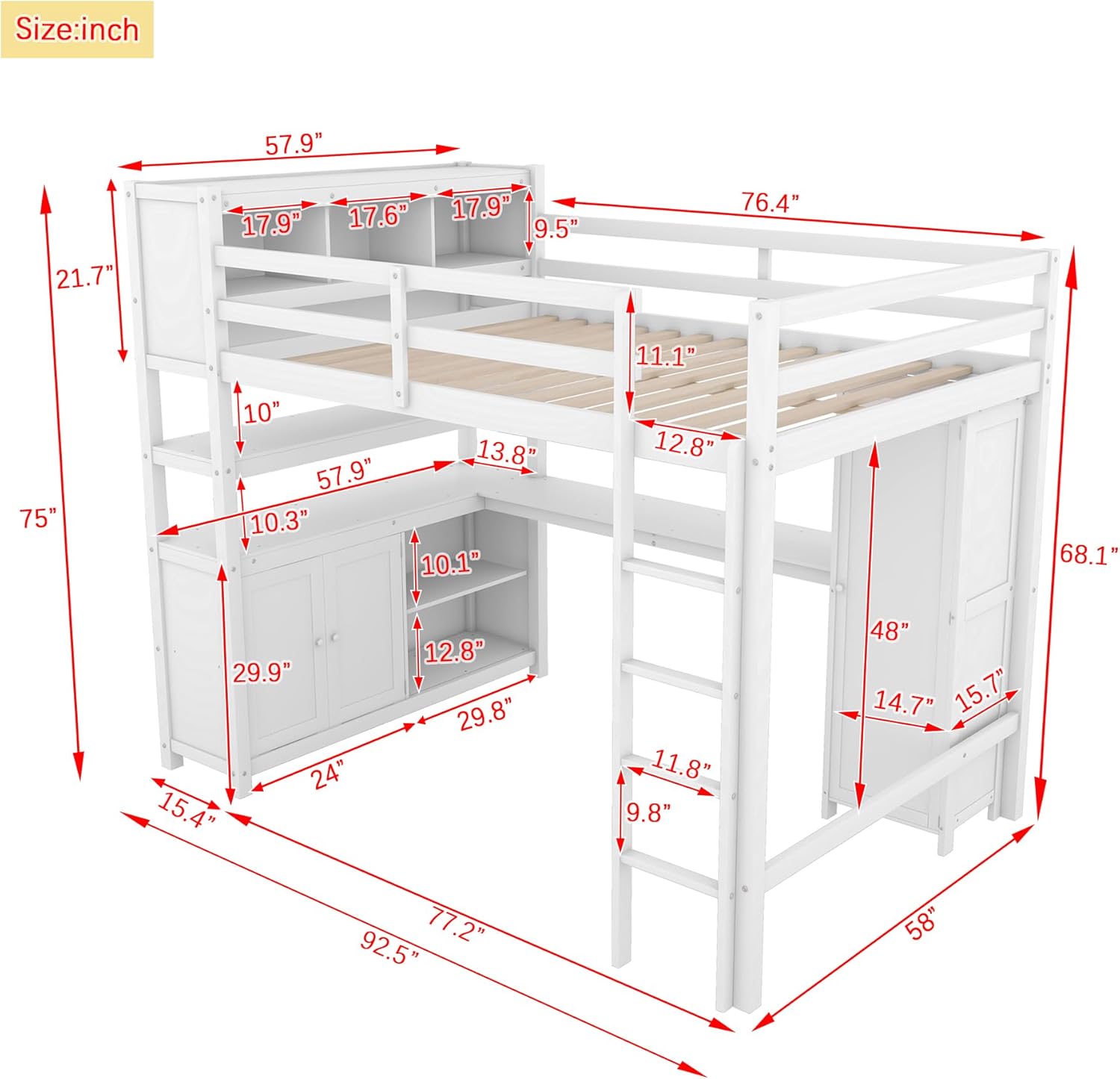 Harper & Bright Designs Full Size Loft Bed with Built-in Desk, Bookshelf, Wardrobe, Full Length Guardrail and Ladder, White