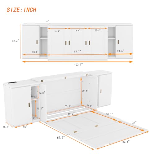 Queen Size Murphy Cube Bed with Bookcase,Can Be Folded Into Cabinet with Storage Shelves and Doors/USB Ports for Guest Room Home Office,White