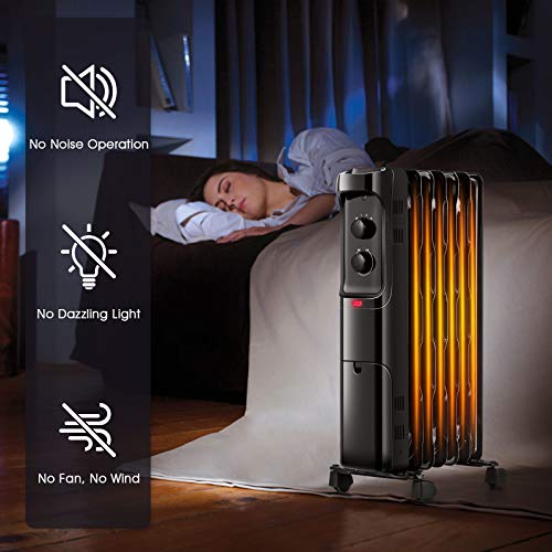 GOFLAME 1500W Oil Filled Radiator Heater, Electric Space Heater with 3 Heating Modes, Adjustable Thermostat, Tip-Over & Overheat Protection, Powerful Oil Heater for Home and Office