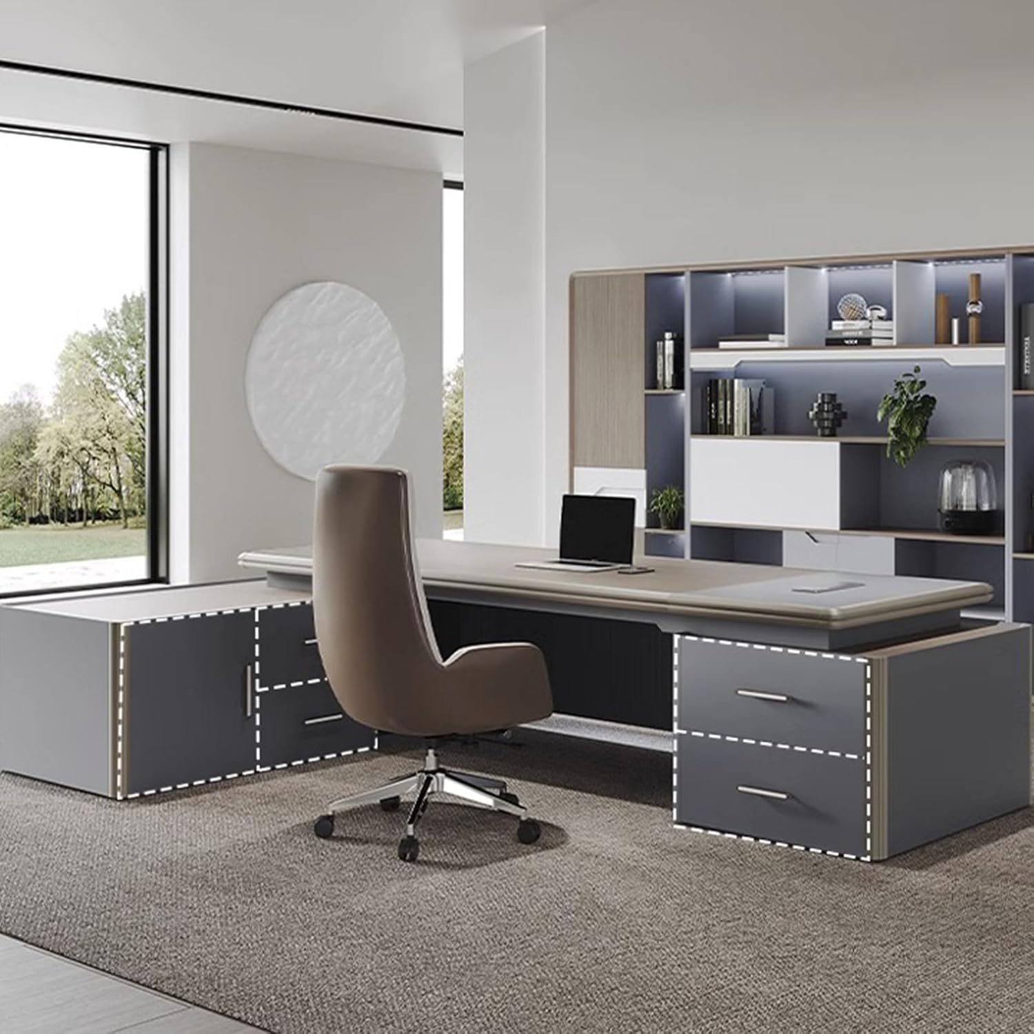 L Shaped Computer Desk with Drawers Cabinet, Modern Large Executive Office Desk Business Furniture Set Workstation for Home Office with USB Power Outlet Storage Cabine