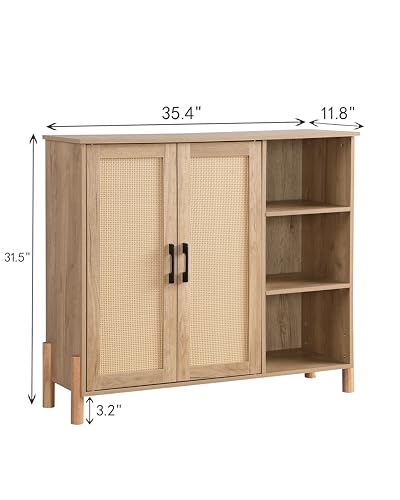 Storage Cabinet, Bathroom Cabinet with Rattan Doors, Bathroom Floor Cabinet with Open Storage & Adjustable Shelf, Coffee Bar, Storage Cabinet for Living Room, Bedroom, Entryway, Natural