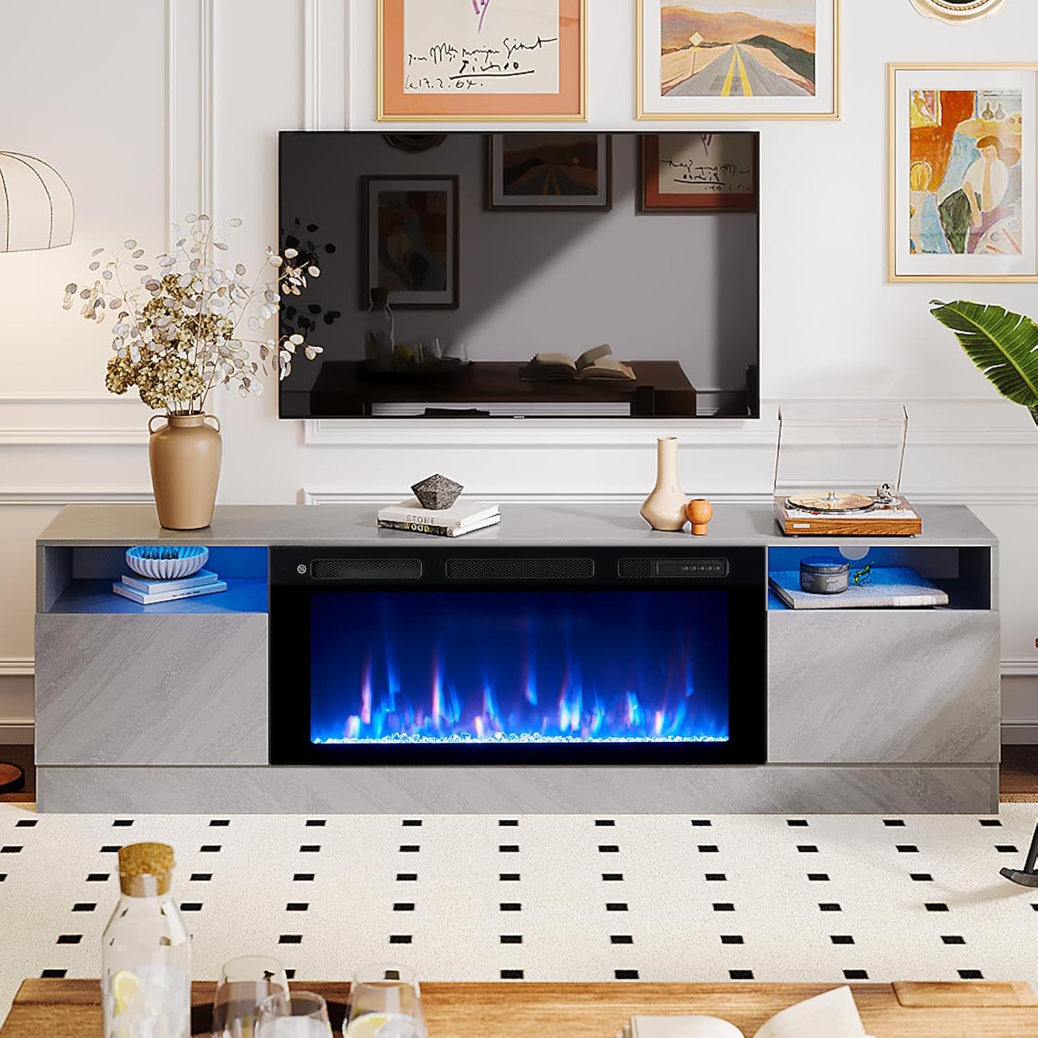 Fireplace TV Stand with 36" Electric Fireplace, LED Light Entertainment Center, Modern Wood Texture Entertainment Stand with Highlight Storage Cabinet for TVs Up to 80", 70 inches, Gray