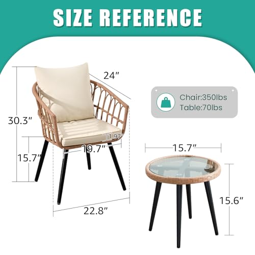 3 Pieces Patio Bistro Set, Outdoor Wicker Table and Chairs Set of 2, Rattan Balcony Furniture Set with Cushions for Front Porch Apartment Backyard Deck,Beige