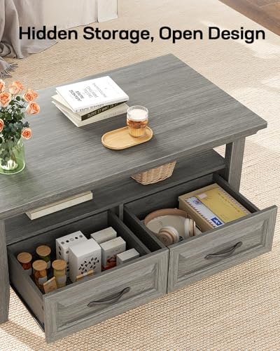 Marsail Lift Top Coffee Table with Open & Hidden Storage, Modern Fluted Coffee Table with Smooth Lift Mechanism, Sturdy Space-Saving Center Table for Home Living Room, Office, Natural Oak